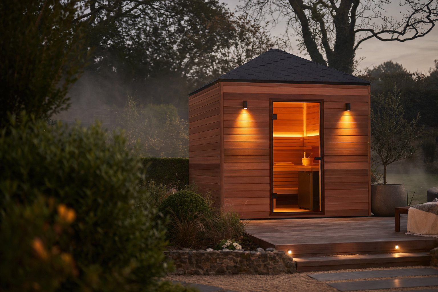 A warm timber sauna in a peaceful garden at dusk